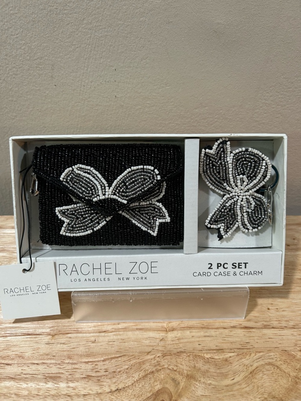 Rachel Zoe Black and White Beaded Card Case with Floral Bag Charm